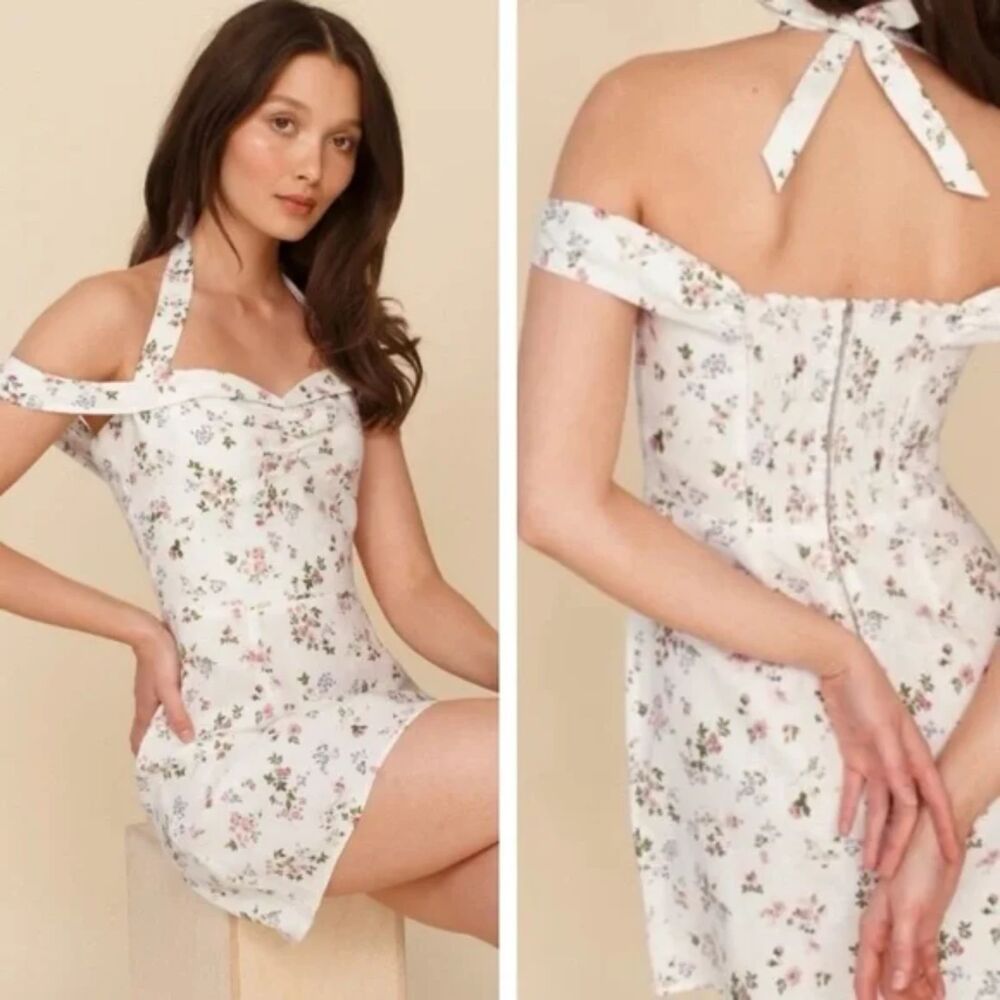 Reformation Sanford Floral 100% Linen Halter Mini Dress Carine Size 4 Orig $268